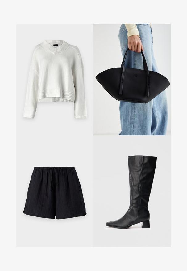 Valge lühikese lõikega sviiter V-kaelusega, ribakäärtega ja pikkade varrukatega. Valmistatud pehmest, tekstuuriga kudumismaterjalist. Lihtne ja mitmekülgne disain.; Mustad puuvillased lühikesed püksid tekstureeritud ja kortsunud viimistlusega. Omavad elastset vöökohta ja reguleeritavat nööri mugavuseks ja sobivuseks.; Must sukalapala nahkasaapad terava nina ja ploki kontsaga, kerget heledal taustal.; Must mustra kott, millel on unikaalne fännikujuline disain, millel on lapikud käepidemed. Pinna tekstuur on kivikujuline ja disain on minimalistlik.