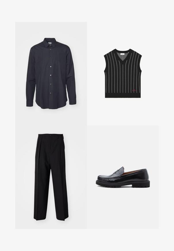 Gilet nero senza maniche con righe bianche verticali, design a V, texture a coste e dettaglio del logo rosso sull'orlo inferiore.; Camicia a maniche lunghe blu scuro con bottoni, realizzata in tessuto morbido, dotata di colletto classico e cinque bottoni frontali, con colori dei bottoni a contrasto.; Pantaloni neri a pieghe con un design dritto e gamba larga. Realizzati in tessuto morbido, con chiusura a bottone e passanti per cintura.; Mocassino penny in pelle nera con suola in gomma spessa e cuciture sul puntale, mostrato in profilo su uno sfondo bianco.
