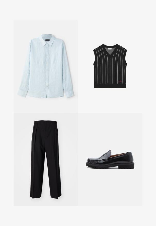 Must t-särk ilma varrukat, millel on püstised valged triibud, V-kaelus, ribakujuline tekstuur ja punane logo detail alumisel äärel.; Heledad siniste varrukatega särgid, mis on valmistatud linast, nööpidega ees, terava kaeluse ja tavaliste mansettidega. Pehme tekstuur, minimalistlik disain.; Mustad volditud püksid sirge ja laia säärega disainiga. Valmistatud siledast kangast, millel on nuppudega sulgemine ja vööaasad.; Mustast nahast penny loafer, millel on paks kummist tald ja mokkõmblus, esitatud profiilis valgel taustal.