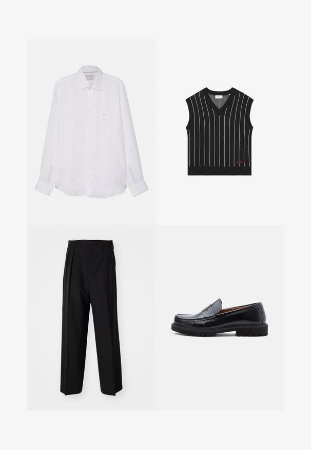 Sort ærmeløs vest med lodrette hvide striber, V-hals design, ribbet tekstur og rødt logo detaljeret på den nederste kant.; Hvid skjorte med lange ærmer lavet af linned. Har en spids krave, fuld knaplukning foran og et lille broderet logo på venstre bryst.; Sorte plisserede bukser med et lige, bred ben-design. Fremstillet af glat stof, med en knaplukning og bæltesløjfer.; Sorte læder penny loafer med chunky gummisål og moc toe syninger, vist i profil på en hvid baggrund.