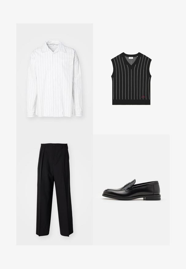 Črna brezrokavna jopica z navpičnimi belimi črtami, zasnova v obliki črke V, rebrasta tekstura in rdeč logotip na spodnjem robu.; Bela srajca s dolgimi rokavi in gumbi, okrašena z ozkimi, vertikalnimi sivimi črtami, s koničastim ovratnikom in manšetami, ki imajo ustrezen vzorec črt.; Črne nabirane hlače s ravnim, širokim krojem. Narejene so iz gladkega materiala in imajo zadrgo ter pasne zanke.; Črne usnjene loafer čevlje z gladko teksturo, zaobljenim nosom in dekorativnim trakom čez zgornji del. Nizka zložena peta, minimalističen dizajn.