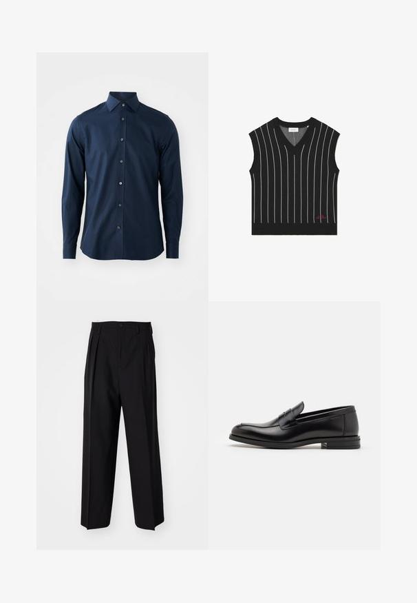 Fekete, ujjatlan mellény függőleges fehér csíkokkal, V-nyakú dizájn, bordás textúrával, és piros logó részlettel az alsó szegélynél.; Tengerészkék, hosszú ujjú férfi ing, gombos elejű és hegyes gallérral, sima fehér háttér előtt.; Fekete, pliszírozott nadrág, egyenes, széles lábakkal. Sima anyagból készült, gombos záródással és övhurkokkal rendelkezik.; Fekete bőr loaferek sima textúrával, kerek orral és dekoratív pánttal a vampnál. Alacsony, rétegelt sarkú, minimalista dizájn.
