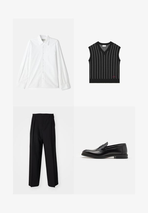 Zwarte mouwloze vest met verticale witte strepen, V-hals ontwerp, geribbelde textuur en rode logo-detail op de onderste zoom.; Witte lange mouwen overhemd met knopen, voorzien van een klassiek kraag en knoopsluiting, gemaakt van gestructureerd katoen met gestikte details op de mouwen.; Zwarte geplooide broeken met een rechte, brede pijpontwerp. Gemaakt van soepele stof, met een knoopsluiting en riemlussen.; Zwarte leren instappers met een gladde textuur, ronde neus en een decoratieve band over de wreef. Lage, gestapelde hak en minimalistisch ontwerp.