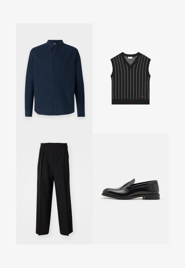 Juodas be rankovių liemenė su vertikaliomis baltomis juostelėmis, V formos iškirpte, rilėta tekstūra ir raudonu logotipo akcentu apatinėje dalyje.; Ron Dorff Marškiniai - deep ocean; Juodi klostuoti kelnių, su tiesiu, plačiu kojų dizainu. Pagaminti iš lygios medžiagos, su mygtukų uždarymu ir diržo kilputėmis.; Juodos odinės loafers, turinčios lygų paviršių, apvalią noselę ir dekoratyvinę juostą per priekinę dalį. Žemas krentantis kulnas, minimalistinis dizainas.