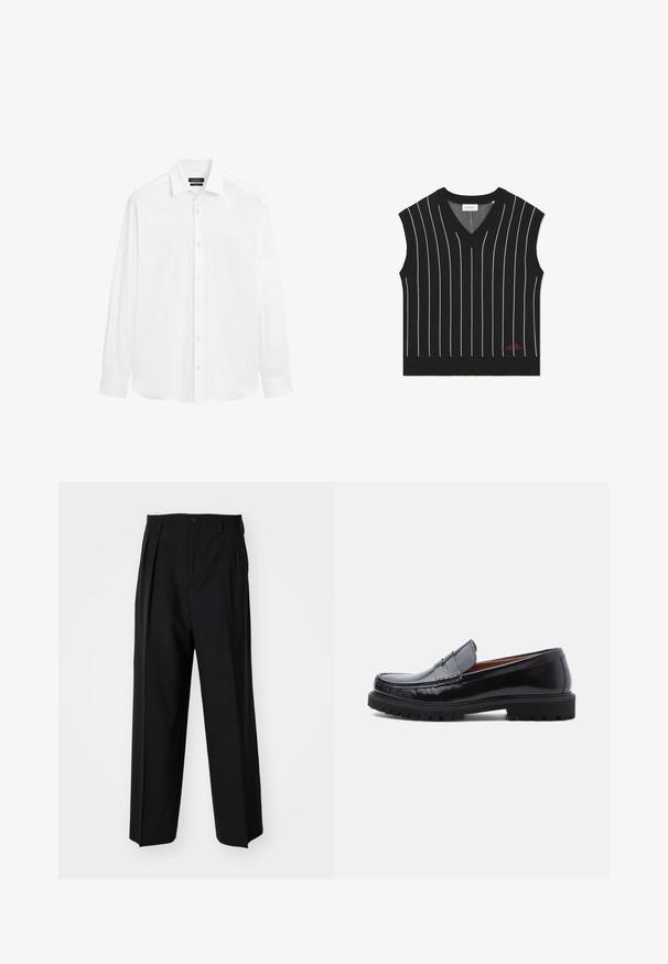 Sort ærmeløs vest med lodrette hvide striber, V-hals design, ribbet tekstur og rødt logo detaljeret på den nederste kant.; Hvid langærmet skjorte lavet af glat stof med klassisk krave, knaplukning fortil og knapmanchetter. Enkel, strømlinet design.; Sorte plisserede bukser med et lige, bred ben-design. Fremstillet af glat stof, med en knaplukning og bæltesløjfer.; Sorte læder penny loafer med chunky gummisål og moc toe syninger, vist i profil på en hvid baggrund.