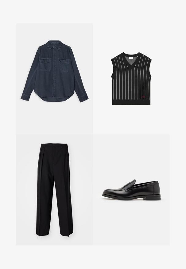 Schwarze ärmellose Weste mit vertikalen weißen Streifen, V-Ausschnitt-Design, gerippter Textur und rotem Logodetail am unteren Saum.; Dunkelblaues Denimhemd mit Knopfleiste, spitzem Kragen, zwei Brusttaschen und langen Ärmeln mit knopfbaren Manschetten.; Schwarze, plissierte Hose mit geradem, weitem Bein. Hergestellt aus glattem Stoff, mit Knopfverschluss und Gürtelschlaufen.; Schwarze Lederloafers mit glatter Textur, rundem Zehenbereich und einem dekorativen Riemen über dem Vorderfuß. Niedriger, gestapelter Absatz, minimalistisches Design.