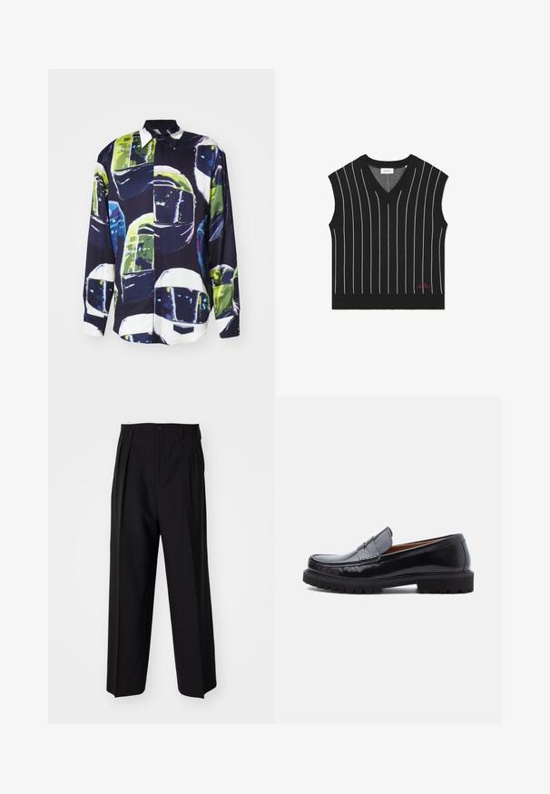 Černá bezrukávová vesta s vertikálními bílými pruhy, designem do V, žebrovanou texturou a červeným logem na dolním lemu.; MSGM CAMICIA - Košile - black; Černé skládací kalhoty s rovnými, širokými nohavicemi. Vyrobené z hladké tkaniny, se zapínáním na knoflík a poutky na opasek.; Černé kožené mokasíny penny s robustní gumovou podrážkou a prošíváním na špičce, zobrazené v profilu na bílém pozadí.