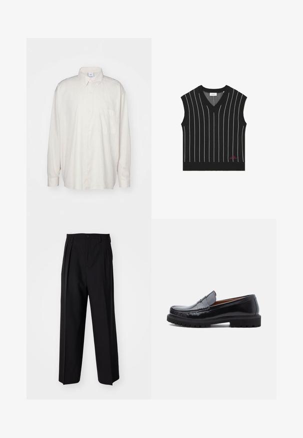 Crna bezrukavna majica s vertikalnim bijelim prugama, dizajn u obliku slova V, rebraste teksture i crvenim logotipom na donjem rubu.; Svijetlosmeđa košulja na dugmad od pamuka, s klasičnom ovratnikom, dugim rukavima i jednom džepom na grudima. Glatka tekstura.; Crne plisirane hlače s ravnim širokim nogavicama. Izrađene od glatkog materijala, s dugmadi za zatvaranje i petljama za remen.; Crne kožne penny loafere s debelim gumenim đonom i šavovima na nosu, prikazane sa strane na bijeloj pozadini.