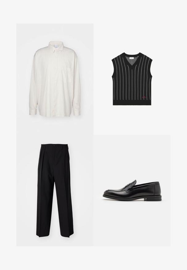 Czarna bezrękawnik z pionowymi białymi paskami, design w serek, ribbowa tekstura i czerwony detal z logo na dolnym obszyciu.; Jasno beżowa koszula zapinana na guziki wykonana z bawełny, z klasycznym kołnierzykiem, długimi rękawami i jedną kieszenią na piersi. Gładka tekstura.; Czarne plisowane spodnie o prostym, szerokim kroju nogawek. Wykonane z gładkiego materiału, z zapięciem na guzik i pętelkami na pasek.; Czarne skórzane mokasyny o gładkiej fakturze, zaokrąglonym nosku i dekoracyjnym pasku na przodzie. Niski, warstwowy obcas, minimalistyczny design.