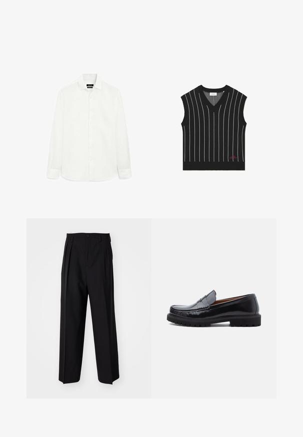 Sort ærmeløs vest med lodrette hvide striber, V-hals design, ribbet tekstur og rødt logo detaljeret på den nederste kant.; Hvid langærmet skjorte lavet af blødt stof, med en klassisk krave, frontal knaplukning og lige nederdel. Ingen mønstre eller accenter.; Sorte plisserede bukser med et lige, bred ben-design. Fremstillet af glat stof, med en knaplukning og bæltesløjfer.; Sorte læder penny loafer med chunky gummisål og moc toe syninger, vist i profil på en hvid baggrund.