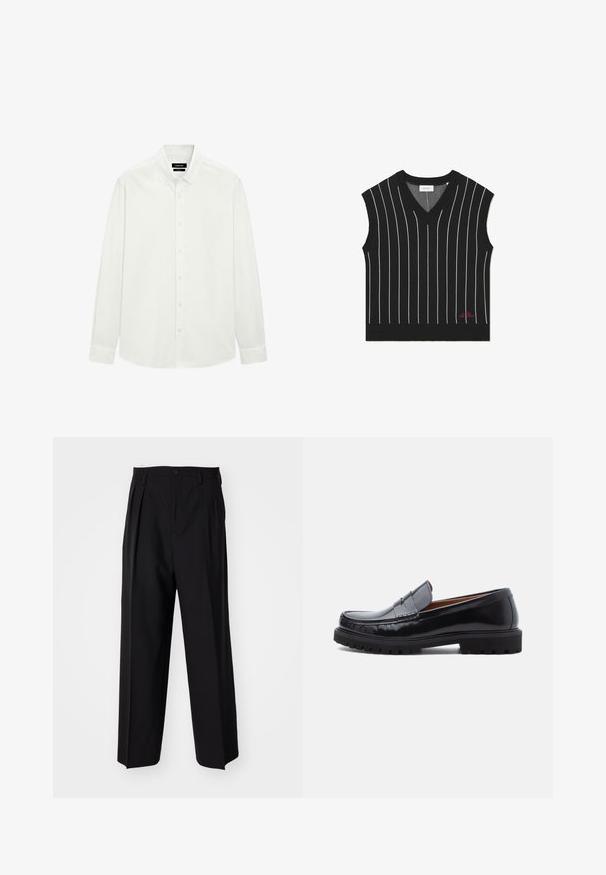 Schwarze ärmellose Weste mit vertikalen weißen Streifen, V-Ausschnitt-Design, gerippter Textur und rotem Logodetail am unteren Saum.; Weißes Langarm-Hemd mit Knopfleiste, Knopfkragen und normalen Manschetten, flach auf einem weißen Hintergrund präsentiert.; Schwarze, plissierte Hose mit geradem, weitem Bein. Hergestellt aus glattem Stoff, mit Knopfverschluss und Gürtelschlaufen.; Schwarze Leder-Penny-Loafer mit strapazierfähiger Gummisohle und Mokassin-Stich, seitlich auf einem weißen Hintergrund dargestellt.