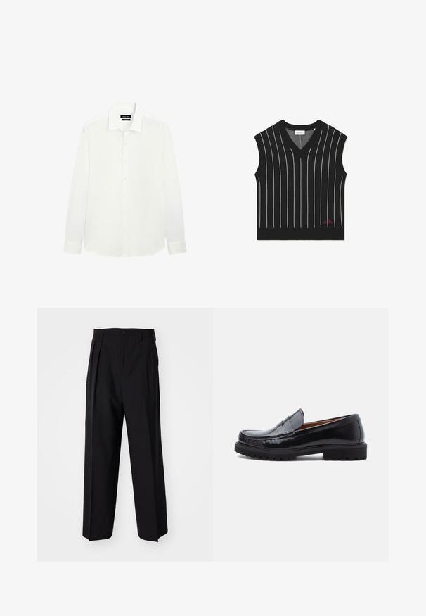 Zwarte mouwloze vest met verticale witte strepen, V-hals ontwerp, geribbelde textuur en rode logo-detail op de onderste zoom.; Witte longsleeve shirt met een klassieke kraag, knoopsluiting en aansluitende manchetten. Gladde stof met een subtiele glans. Etiket zichtbaar bij de halslijn.; Zwarte geplooide broeken met een rechte, brede pijpontwerp. Gemaakt van soepele stof, met een knoopsluiting en riemlussen.; Zwarte leren penny loafer met chunky rubberen zool en moc-toe stiksel, in profiel weergegeven op een witte achtergrond.