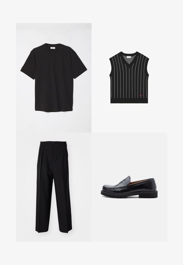 Zwarte mouwloze vest met verticale witte strepen, V-hals ontwerp, geribbelde textuur en rode logo-detail op de onderste zoom.; Zwarte katoenen t-shirt met een ronde hals, korte mouwen en een ontspannen pasvorm. Eenvoudig ontwerp, gladde textuur en geen zichtbare patronen of logo's.; Zwarte geplooide broeken met een rechte, brede pijpontwerp. Gemaakt van soepele stof, met een knoopsluiting en riemlussen.; Zwarte leren penny loafer met chunky rubberen zool en moc-toe stiksel, in profiel weergegeven op een witte achtergrond.