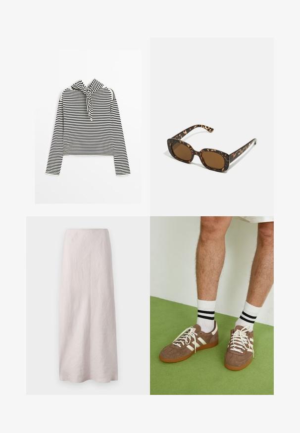 Massimo Dutti STRIPED WITH REMOVABLE BANDANA - Strickpullover - beige; Blassrosa Leinen-Maxi-Rock mit einem klaren, geraden Design. Der Stoff hat eine leicht strukturierte Oberfläche und einen elastischen Bund.; Braune Wildleder-Sneaker mit weißen Akzenten und Schnürsenkeln. Gummisohle in Kautschuk-Optik. Getragen mit weißen Socken, die schwarze Streifen haben. Grüner strukturierter Fußboden.; Schildpatt-Sonnenbrille mit einem runden, klobigen Rahmen und braunen Gläsern. Verfügt über dezente Muster und gerade, zulaufende Bügel.