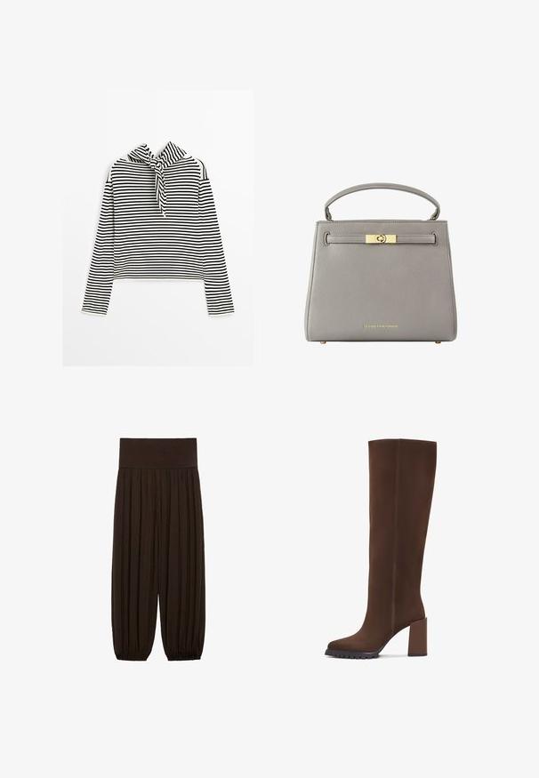 Massimo Dutti STRIPED WITH REMOVABLE BANDANA - Trui - beige; Bruine geplooide broek met een brede, elastische tailleband. De stof is lichtgewicht en gestructureerd, met gatherse randen bij de boorden.; Bruine knielange laarzen van zachte stof, met een vierkante neus, blokhak en een gestructureerde rubberen zool. Eenvoudige lijnen zonder versieringen.; Grijze leren handtas met een gestructureerde vorm, een korte hengsel, goudkleurige hardware en een centrale sluiting. Merkenlogo aan de voorkant.