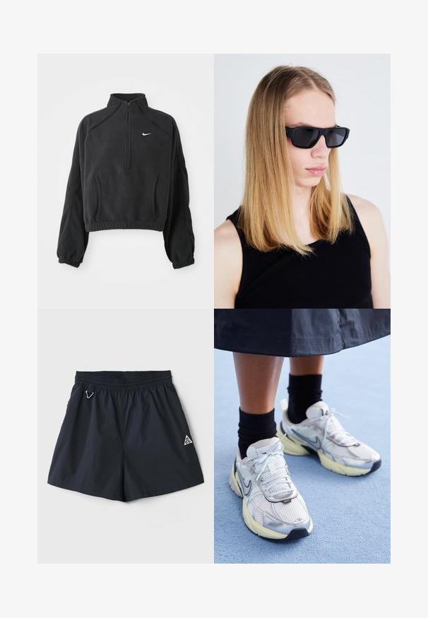 Melna fuzzy puloveris ar augstu apkakli, pusīzvējs priekšpusē un elastīgu apakšmalu. Iekļauj kangaru kabatu un balto Nike logo uz krūškurvja.; Gaisie, tumši zili šorti ar elastīgu jostu, sānu kabatām un mazu trīsstūra logotipu; gluda tekstūra, minimālisma dizains.; Baltie un sudraba Nike kedas ar tīkla audumu, atstarojošiem akcentiem un bēša zoli. Valkātas ar melnām zeķēm, stāvot uz zilas virsmas.; Melnas taisnstūra saulesbrilles ar tumšiem stikliem un matētu apdari, ko valkā persona ar gariem taisniem blondiem matiem, melnā bezpiedurkņu topā.