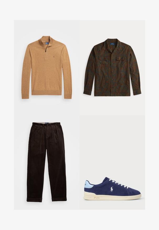 Brązowy sweter zapinany na suwak z długimi rękawami, prążkowanym kołnierzem i mankietami, wykonany z miękkiego materiału, z małym logo na klatce piersiowej.; Koszula z długim rękawem w ciemnozielony i bordowy wzór paisley. Posiada kołnierz, dwie przednie kieszenie i zapięcie na guziki. Gładka tekstura materiału.; Ciemnobrązowe spodnie z materiału sztruksowego o luźnym kroju, z plisami z przodu i podwiniętymi mankietami na dole. Gładka faktura i solidna konstrukcja.; Granatowe zamszowe sneakersy z białymi sznurówkami i kremową gumową podeszwą. Zawierają jasnoniebieski akcent oraz małe haftowane logo z boku.