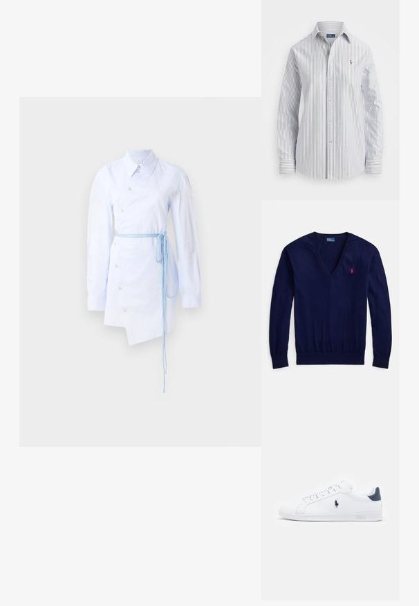 Tengerészkék V-nyakú pulóver sima kötött anyagból, hosszú ujjakkal és egy kis piros polo logóval a bal mellkason. Rugalmas szegély.; Csíkos világoskék ingruha gombos elülső résszel, hegyes gallérral, hosszú ujjakkal és derékon megkötött kék övvel. Aszimmetrikus szegély.; Csíkos, világoskék és fehér gombos ing, puha anyagból, klasszikus gallérral és hímzett logóval a mellrészen.; Fehér bőr sportcipők sima felülettel, tengerészkék részletekkel és egy kis logóval az oldalukon. Lapos fűzőkkel és texturált gumi talppal rendelkezik.
