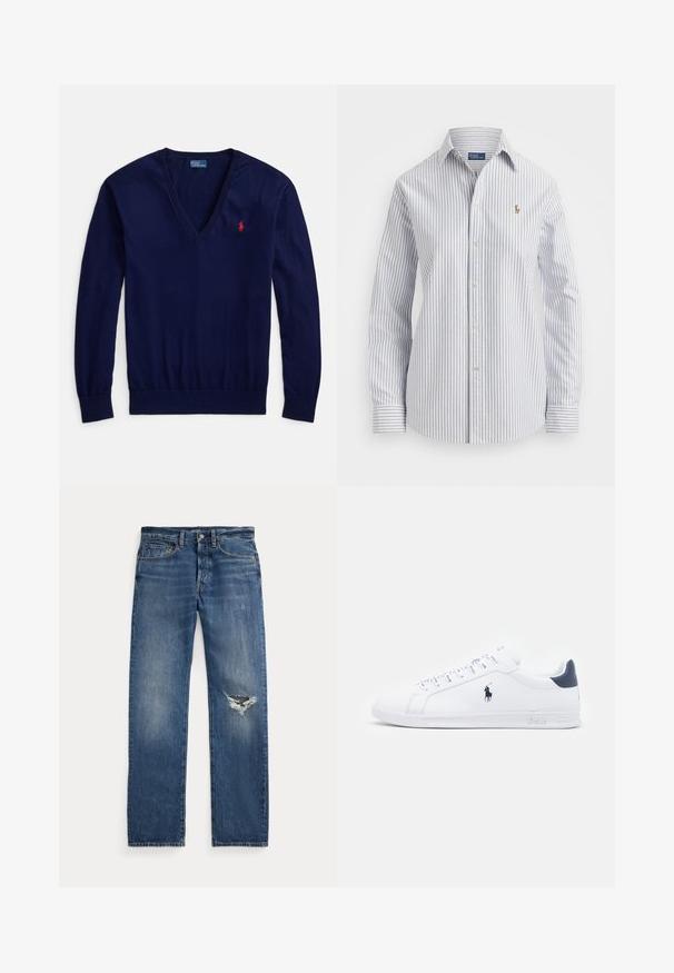 Marineblå V-halsgenser laget av glatt strikket stoff, med lange ermer og en liten rød polo-logo på venstre bryst. Elastisk kant.; Stripete skjorte i lyseblå og hvit, med myk stoff, klassisk krage og brodert logo på brystet.; Blå denimjeans med middels høy midje, fem lommer og et frynsete hull på høyre kne.; Hvite lær sneakers med en glatt overflate, marineblå detaljer og en liten logo på siden. Har flate lisser og strukturet gummisåle.