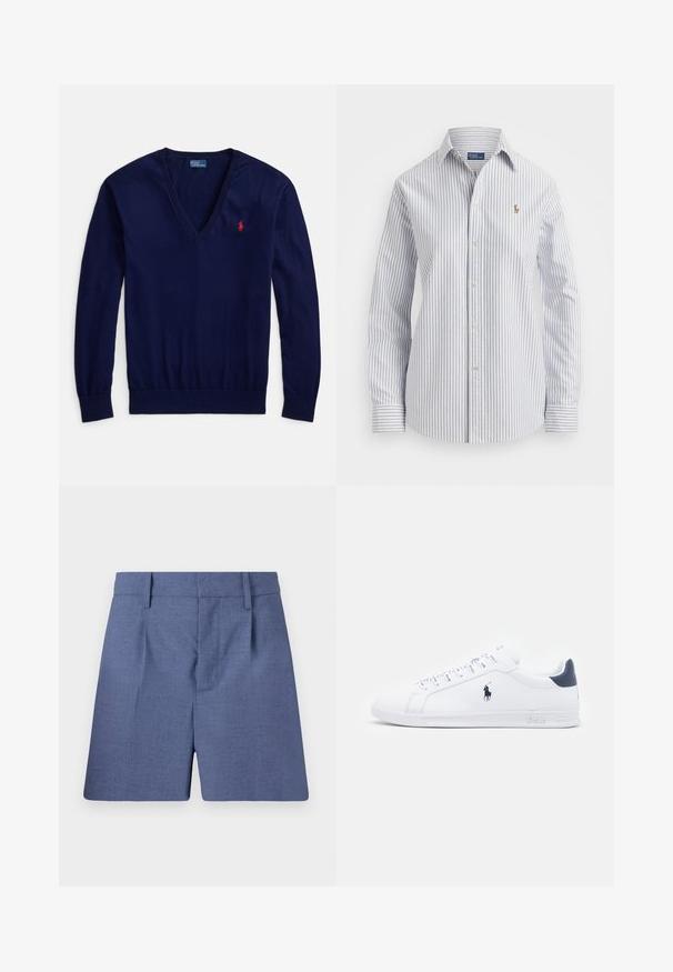 Pulover bleumarin cu decolteu în V, realizat dintr-un material tricotat fin, cu mâneci lungi și un logo mic roșu cu design polo pe partea stângă a pieptului. Tiv flexibil.; Cămașă cu dungi, în nuanțe de albastru deschis și alb, cu un material moale, guler clasic și logo brodat pe piept.; Shorts bleu potriviți cu bucle pentru curea, pliuri frontale și o închidere ascunsă în față, prezentate pe un fundal alb.; Tenisi albe din piele, cu o finisare netedă, accente bleumarin și un logo mic pe lateral. Prezintă șireturi plate și o talpă din cauciuc texturată.