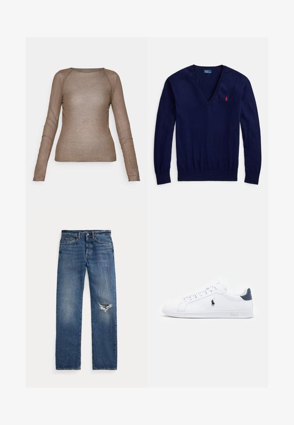 Polo Ralph Lauren COTTON V-NECK SWEATER - Pulóver - bright navy; Hosszú ujjú, testhez simuló felső világosbarna színben, áttetsző anyagból készült. Kerek nyakú, és finom varrási részletekkel rendelkezik az ujjak mentén.; Csíkos, világoskék és fehér gombos ing, puha anyagból, klasszikus gallérral és hímzett logóval a mellrészen.; Kék farmernadrág közepes derékkal, öt zsebbel és egy kitépett részel a jobb térdnél.; Fehér bőr sportcipők sima felülettel, tengerészkék részletekkel és egy kis logóval az oldalukon. Lapos fűzőkkel és texturált gumi talppal rendelkezik.
