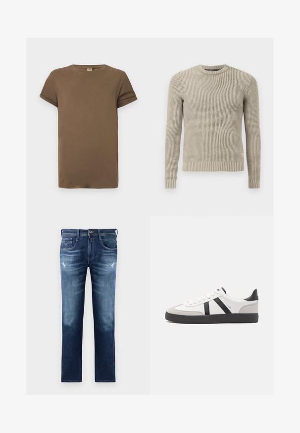 Beige knitted sweater with long sleeves, ribbed cuff and hem, round neck, textured pattern, made from soft material.; Brown short-sleeve cotton T-shirt with a round neckline and rolled cuffs, displayed against a plain white background.; Blue denim jeans with a regular fit, featuring a faded wash, slight distressing, five pockets, and contrast stitching. Button closure at waist.; White sneaker with black and gray accents, featuring a textured gray toe cap, black rubber sole, and flat white laces. Clean design, minimalist style.