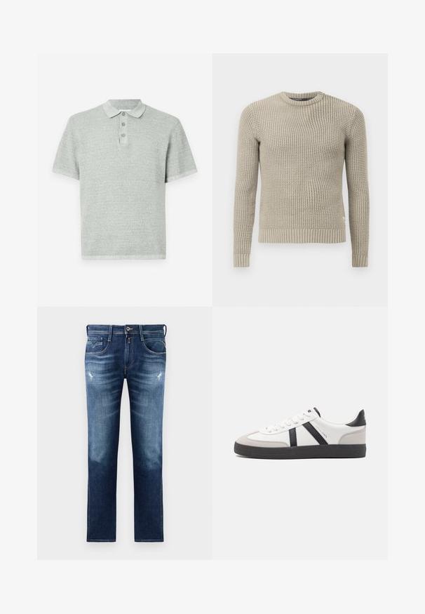 Beige strikket genser med lange ermer, ribbestrikket mansjett og kant, rund hals, teksturert mønster, laget av mykt materiale.; Kortermet polo skjorte i lysegrå, laget av teksturert materiale. Har krage med tre knapper og rett kant.; Blå denimjeans med vanlig passform, med en falmet vask, lett slitasje, fem lommer og kontraststing. Knapplukking i livet.; Hvite sneakers med svarte og grå detaljer, med en teksturert grå tåhette, svart gummisåle, og flate hvite lisser. Rent design, minimalistisk stil.