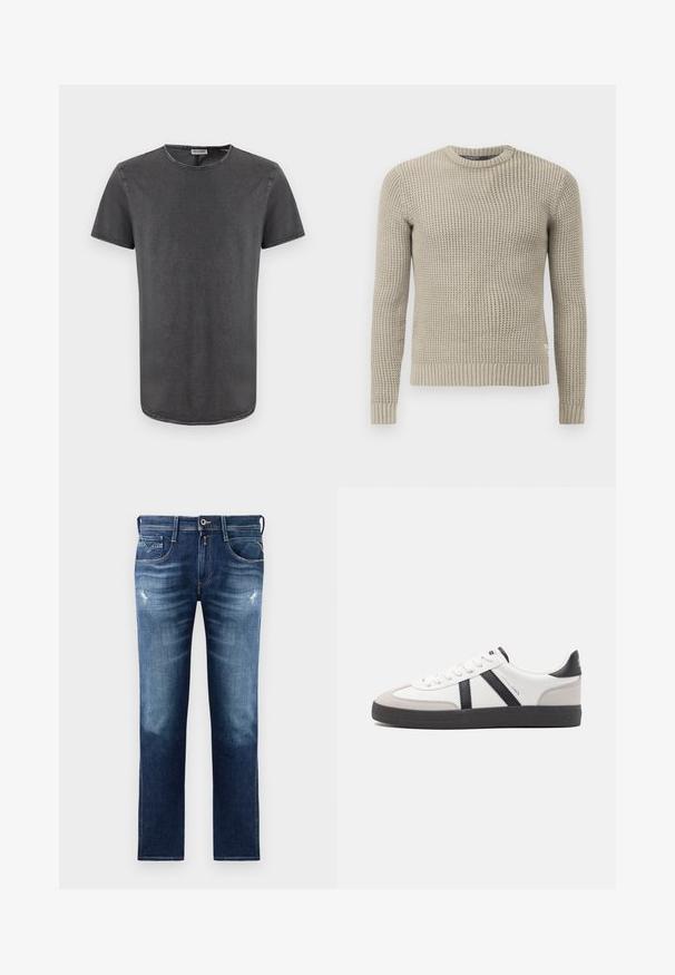 Beige strikket sweater med lange ærmer, ribbet manchet og kant, rund hals, struktureret mønster, lavet af blødt materiale.; Grå t-shirt med korte ærmer og rund hals, lavet af blødt stof, med en let buet kant og synlige sømdetaljer.; Blå denim jeans med regular fit, med en blegnet vask, let slid, fem lommer og kontrastsyninger. Knaplukning i taljen.; Hvide sneakers med sorte og grå detaljer, med en tekstureret grå tåhætte, sort gummisål og flade hvide snørebånd. Rent design, minimalistisk stil.