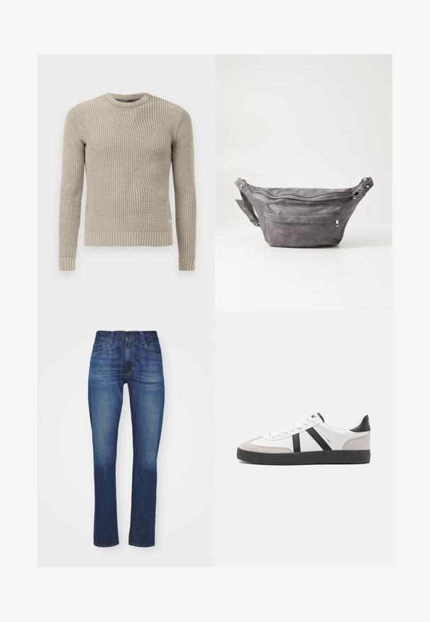 Šviesiai rudas megztinis su ilgomis rankovėmis, įpjautais manžetais ir apačia, apvaliu kaklu, tekstūruotu raštu, pagamintas iš minkštos medžiagos.; Tamsiai mėlynos džinsinės kelnės, siaura pritaikymo forma su klasikinio penkių kišenių dizainu, užtrauktuku ir mygtuko uždarymu, su subtiliu blukimu.; Balti sportbačiai su juodais ir pilkais akcentais, pasižymintys tekstūruotu pilku pirštų dangteliu, juoda gumine padais ir plokščiomis baltomis raišteliais. Švarus dizainas, minimalistinis stilius.; Pilkas suedes fanny pack'as apvalios formos, su dviem užtraukiamais skyreliais ir reguliuojama diržele. Yra metaliniai aksesuarai.