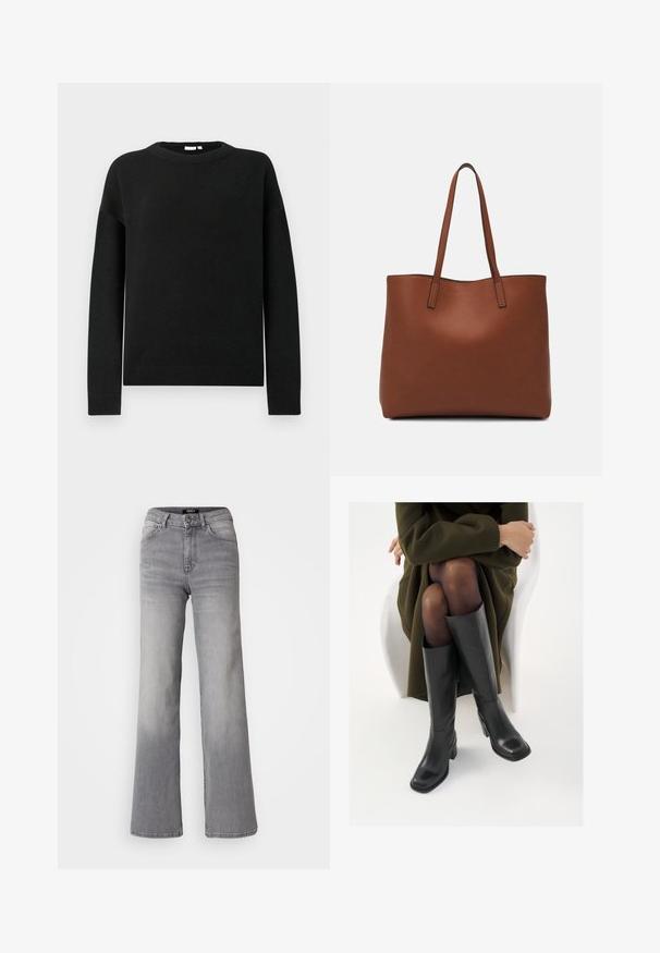 Black long-sleeve crewneck sweater with ribbed cuffs and hem, displayed on a plain light gray background.; High-waisted straight-leg gray denim jeans with front button and zipper, front and back pockets, and faded shading on thighs and calves.; Knee-high black leather boots with a squared toe and block heel, shown with a model seated in an olive green coat. Smooth texture, minimal detailing.; Brown leather tote bag with a smooth texture, open top design, and two shoulder straps. Features minimal stitching and no visible hardware.