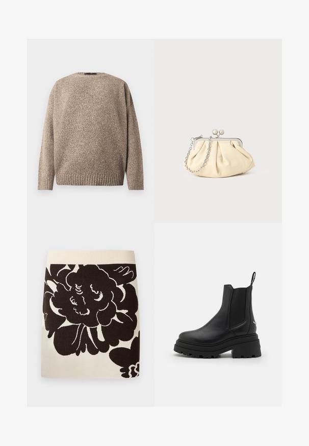 Beige villapusero teksturoidulla neuloksella, pyöreällä pääntiellä, lasketuilla hartioilla ja ribbineulotulla helmalla. Sileä pinta, jossa hillitty värivariointi.; Kermainen hame, jossa leveä ribbineulosvyötärö ja suuri musta kukkakuvio peittää etukankaan.; Mustat Chelsea-nilkkurit, jotka on valmistettu sileästä nahasta, joissa on joustavat sivupaneelit, paksu, uritettu kumipohja ja vetonuppi takana.; Beige nahkaista kassi, jossa on laskostus ja hopeinen metallirunko, kaksi pyöreää koristeellista solkea sekä hopeaketjuolkayh.