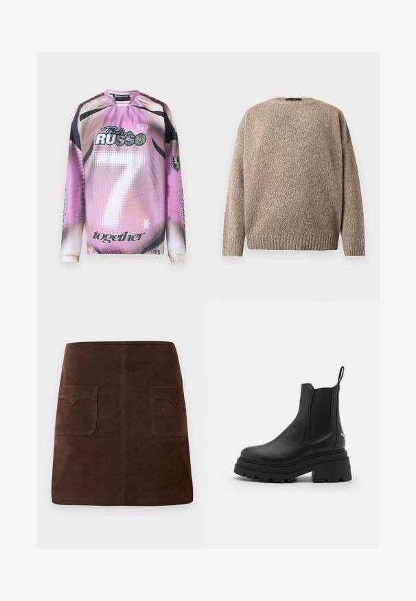 Bēša vilnas džemperis ar fakturētu adījumu, apaļu kakla izgriezumu, nolaistām pleciem un ribu apmali apakšā. Gluda virsma ar smalkām krāsas niansēm.; Garā piedurkņu džersija ar rozā-melnām gradācijas krāsām, kurā redzams skaitlis 7, zīmolu logotipi un dažādi grafiskie akcenti baltā un melnā krāsā.; Brūns zamšādas svārki ar klasisku A-line formu, divām priekšējām kabatām ar noapaļotiem vāciņiem un smalkiem šuvju detaļām.; Melnas Chelsea zābaki, kas izgatavoti no gludas ādas, ar elastīgām sānu daļām, biezu, rievotu gumijas zoli un vilkšanas cilpu aizmugurē.