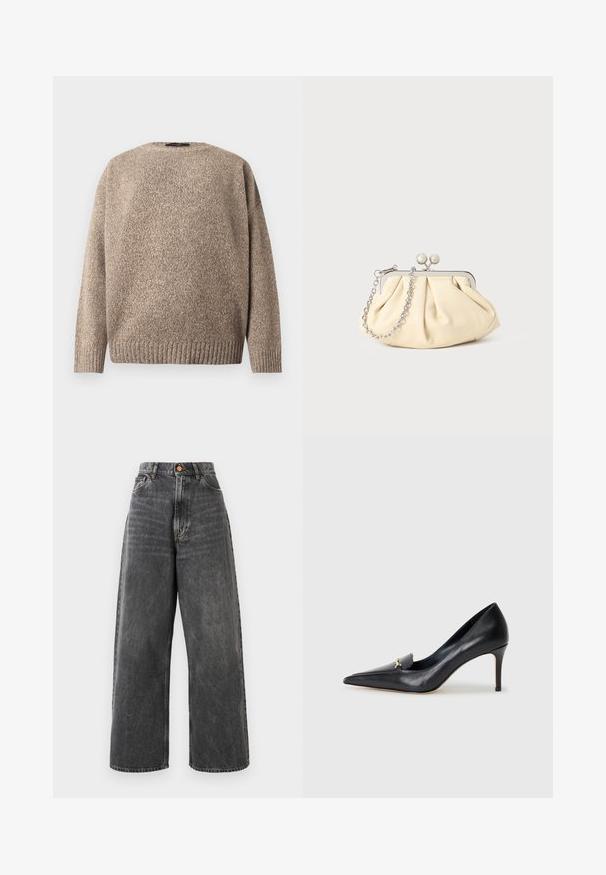 Beige villapusero teksturoidulla neuloksella, pyöreällä pääntiellä, lasketuilla hartioilla ja ribbineulotulla helmalla. Sileä pinta, jossa hillitty värivariointi.; Korkeavyötäröiset leveälahkeiset farkut haalistuneessa mustassa denimmateriaalissa, joissa on etutaskut, vyölenkit ja kuparinvärinen napitus.; Musta nahkainen korkokenkä, jossa on terävä kärki, matala leikkaus ja koristeellinen kultainen yksityiskohta. Varustettu stilettokannalla ja sileällä pinnalla.; Beige nahkaista kassi, jossa on laskostus ja hopeinen metallirunko, kaksi pyöreää koristeellista solkea sekä hopeaketjuolkayh.