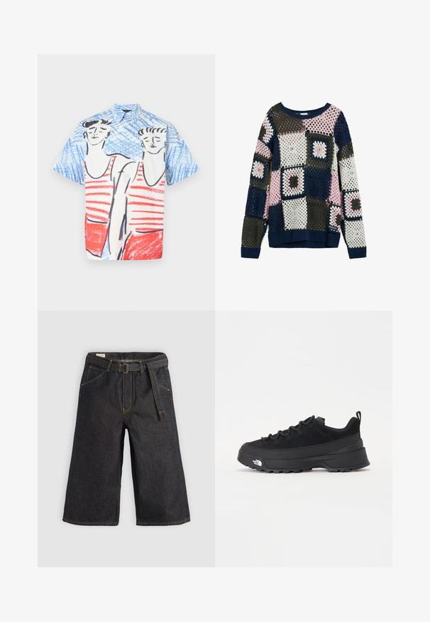 Sweter szydełkowy z wzorem patchworkowym w kolorze granatowym, różowym, szarym i białym. Kwadratowe motywy mają otwarte oczka oraz prążkowane mankiety.; Koszula z krótkim rękawem z niebieskim tłem, w czerwono-białe paski, z ilustracjami postaci i luźnym krojem.; Ciemnoniebieskie culottes o szerokich nogawkach, z szlufkami na pasek i materiałowym paskiem do zawiązania. Kontrastowe szwy oraz kieszenie po obu stronach.; Czarne sneakersy outdoorowe z zamszowym wierzchem, teksturowaną gumową podeszwą i solidnym systemem sznurowania. Posiadają wzmocnioną piętę oraz logo marki na boku.