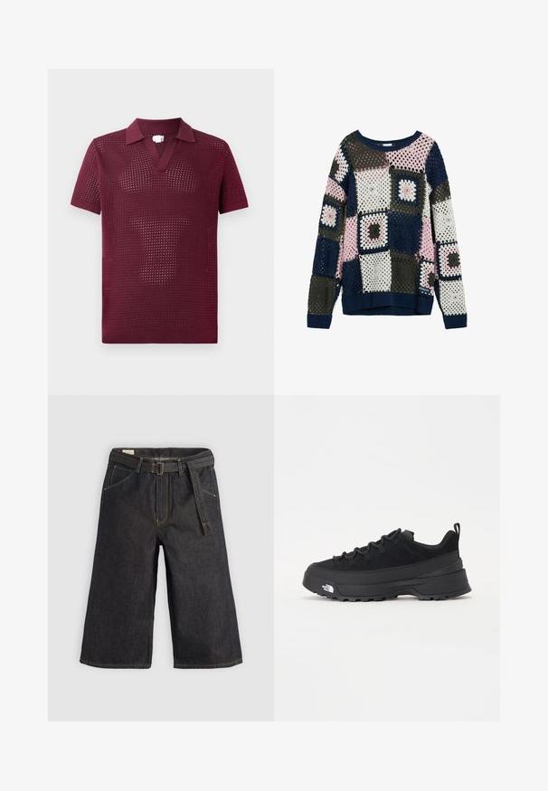 Háčkovaný sveter s patchworkovým dizajnom v námorníckom modrom, ružovom, šedom a bielom. Štvorcové motívy majú otvorené diery a rebrované manžety.; Bordový polokošeľový tričko s krátkym rukávom a textúrovanou otvorenou tkaninou, má výstrih do V a štruktúrovaný golier, vyrobené z ľahkého pleteného materiálu.; Tmavé denimové culottes so širokým strihom, pútkami na opasok a látkovým opaskom. Kontrastné stehy a vrecká po oboch stranách.; Čierne vonkajšie tenisky so zvrškom z semišu, štruktúrovanou gumovou podrážkou a pevným šnurovaním. Obsahujú vystužený opätok a logo značky na boku.
