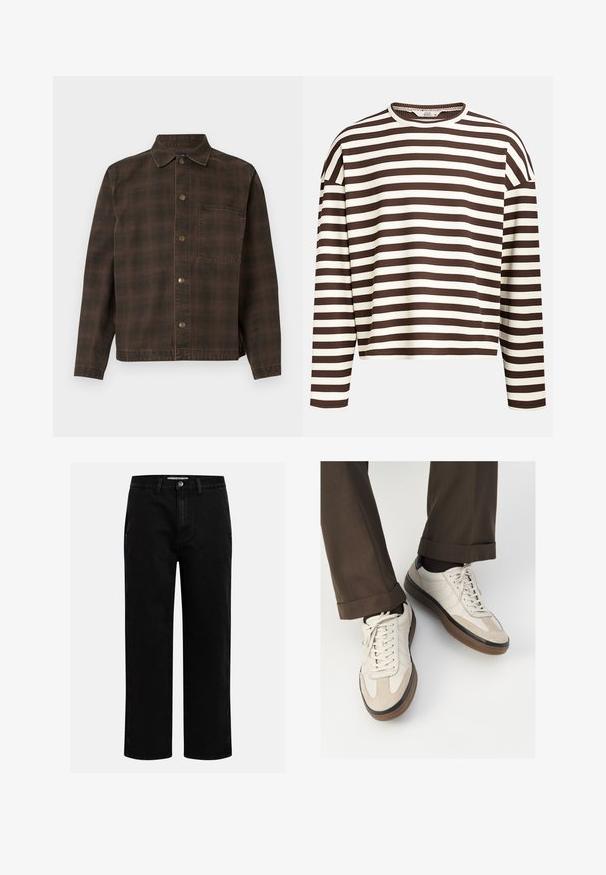 Maglietta a maniche lunghe a righe marroni e crema con scollatura rotonda, texture a costine e cuciture delle spalle abbassate, caratterizzata da un taglio cropped.; Giacca a quadri marrone con chiusura a bottoni, colletto e una tasca sul petto. Realizzata in tessuto strutturato con bottoni metallici.; Pantaloni in denim nero con taglio dritto, design classico a cinque tasche e chiusura con bottone in vita. Tessuto liscio e materiale resistente.; Sneakers beige con una parte anteriore in suede testurizzato, lati in pelle liscia e una suola in gomma marrone. Inclusi lacci e dettagli di cucitura leggera.