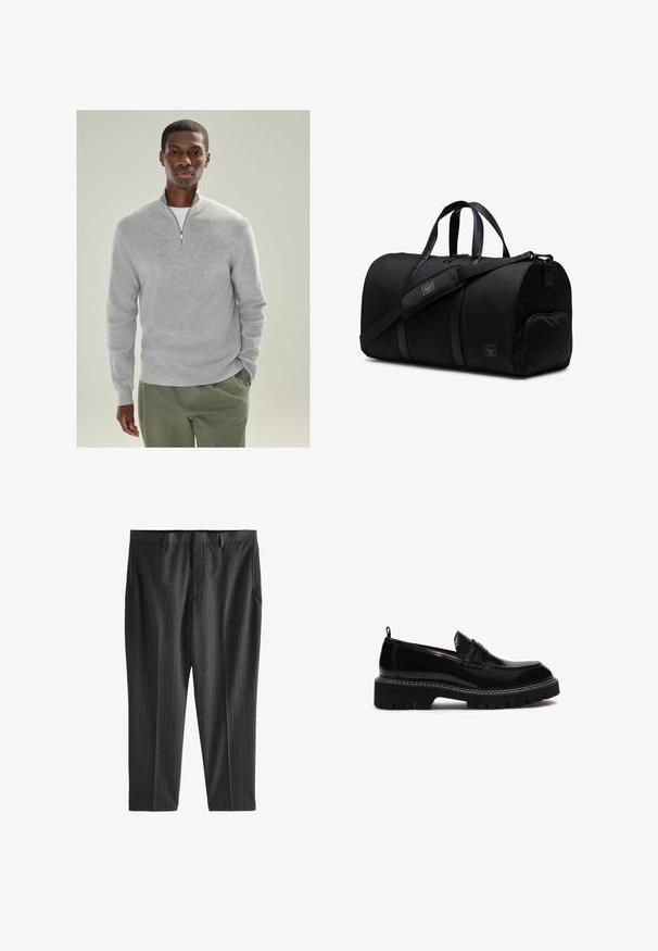 Hellegrauer Strickpullover mit einem Viertelreißverschlusskragen, geripptem Muster und langen Ärmeln, kombiniert mit olivgrünen Hosen.; Weißes Baumwoll-T-Shirt mit Rundhalsausschnitt, kurzen Ärmeln und lockerer Passform. Hat ein schlichtes Design ohne Muster oder Akzente.; Next STRIPE-REGULAR FIT - Chino - charcoal grey; Schwarzer Leder-slipper mit runder Zehenpartie, klobiger strukturierter Sohle, dekorativer Naht und kleinem Absatz. Mit einer Ziehlasche hinten.; Schwarze Sporttasche aus robustem Material mit Lederakzenten, ausgestattet mit zwei Griffen, einem verstellbaren Schulterriemen und einer Reißverschluss-Seitentasche.