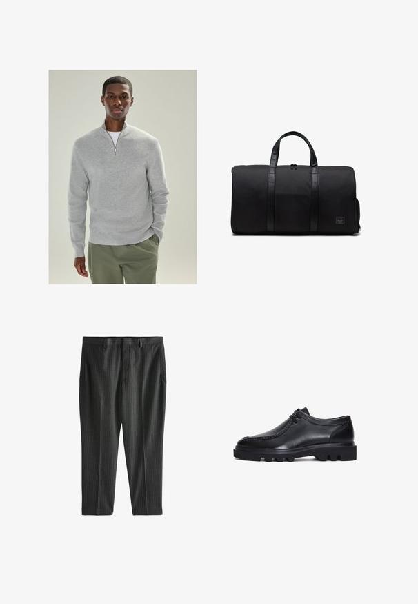 Jersey de punto gris claro con un cuello con cremallera de un cuarto, textura acanalada y mangas largas, combinado con pantalones verde oliva.; Camiseta blanca de algodón con cuello redondo, mangas cortas y un corte relajado. Presenta un diseño liso sin patrones ni detalles.; Next STRIPE-REGULAR FIT - Pantalones chinos - charcoal grey; Zapatos de cuero negro con puntera redondeada, detalles de costura y una suela gruesa y resistente con ranuras distintivas. Diseño sencillo con cordones.; Bolsa de lona negra hecha de un tejido duradero con asas de cuero suave, forma cilíndrica, cremallera visible y una pequeña etiqueta de la marca en la parte frontal.