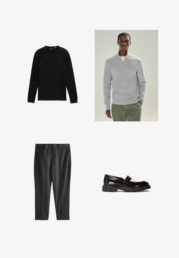 Light gray knit pullover with a quarter-zip collar, ribbed texture, and long sleeves, paired with olive green trousers.; Black long-sleeve t-shirt made of soft fabric; features a round neck, ribbed cuffs, and a small logo on the chest for detail.; Next STRIPE-REGULAR FIT - Chinos - charcoal grey; Black patent leather loafers with a white leather accent, thick black rubber tread sole, and stitched detailing. Smooth texture with a shiny finish.