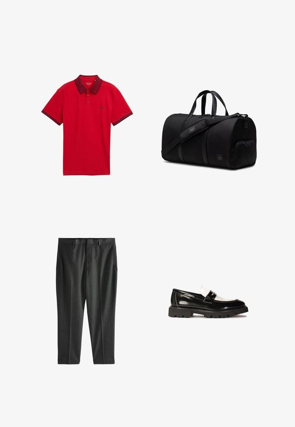 Jersey de punto gris claro con un cuello con cremallera de un cuarto, textura acanalada y mangas largas, combinado con pantalones verde oliva.; Polo rojo de manga corta con cuello oscuro y bordes de las mangas, tapeta de dos botones y pequeño logo en el pecho.; Next STRIPE-REGULAR FIT - Pantalones chinos - charcoal grey; Mocasines de charol negro con un acento de cuero blanco, suela de goma negra gruesa y detalles de costura. Textura suave con un acabado brillante.; Bolsa de viaje negra hecha de tejido duradero con acentos de cuero, que cuenta con asas dobles, correa de hombro ajustable y un bolsillo lateral con cremallera.