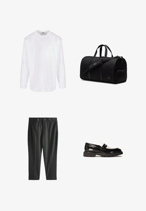 Lys grå strikpullover med kvart-zip krave, ribbet tekstur og lange ærmer, parret med olivengrønne bukser.; Urban Classics HEAVY OVERSIZED - Langærmet T-shirt - white; Next STRIPE-REGULAR FIT - Chino - charcoal grey; Sorte patenterede lædersko med hvid læderdetalje, tykk sort gummisål med godt greb og syet detaljering. Glat tekstur med en skinnende finish.; Sort duffelbag lavet af holdbart stof med læderdetaljer, der har dobbelte håndtag, justerbar skulderrem og en lynlåslomme i siden.