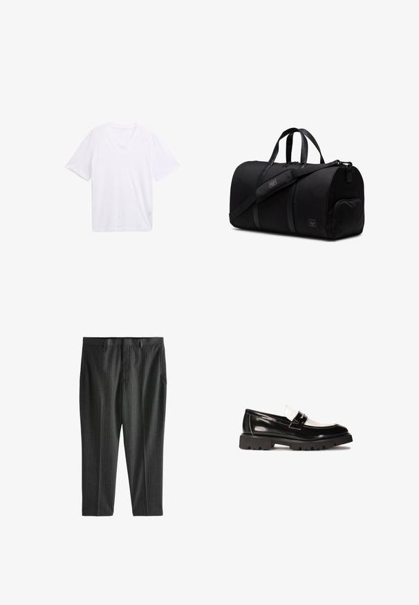 Lichtgrijze gebreide pullover met een kwart-rits kraag, geribbelde textuur en lange mouwen, gecombineerd met olijfgroene broek.; Witte V-hals t-shirt van lichtgewicht katoen. Korte mouwen en een ontspannen pasvorm. Soepele textuur zonder grafische patronen of accenten.; Next STRIPE-REGULAR FIT - Chino - charcoal grey; Zwarte lakleren loafers met een witte leren accent, dikke zwarte rubberen zool met profiel en gestikte details. Gladde textuur met een glanzende afwerking.; Zwarte sporttas gemaakt van duurzaam materiaal met leren accenten, voorzien van dubbele handvaten, een verstelbare schouderriem en een ritszak aan de zijkant.