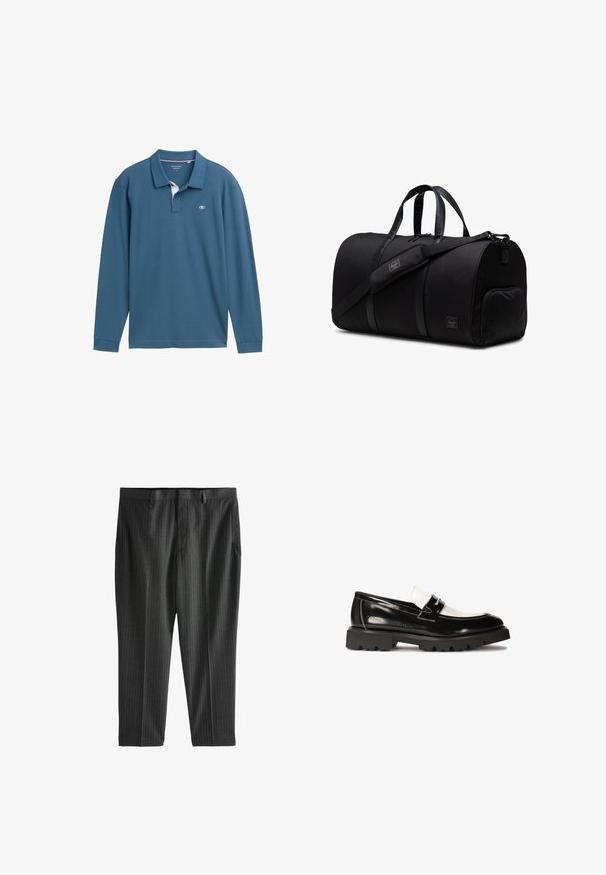 Svetlosivý pletený pulover s golierom na štvrť zips, rebrovanou textúrou a dlhými rukávmi, skombinovaný s olivovozelenými nohavicami.; Poloko s dlhým rukávom v tealovej bavlne, s bielym spodným golierom, tromi gombíkmi a malou nášivkou na hrudi.; Next STRIPE-REGULAR FIT - Nohavice chinos - charcoal grey; Čierne lakované kožené mokasíny s bielym koženým akcentom, hrubou čiernou gumovou podrážkou a prešívaním. Hladký povrch s lesklým povrchom.; Čierna športová taška vyrobená z odolnej látky s koženými akcentmi, s dvojitými uchami, nastaviteľným ramenným popruhom a bočnou vreckom na zips.
