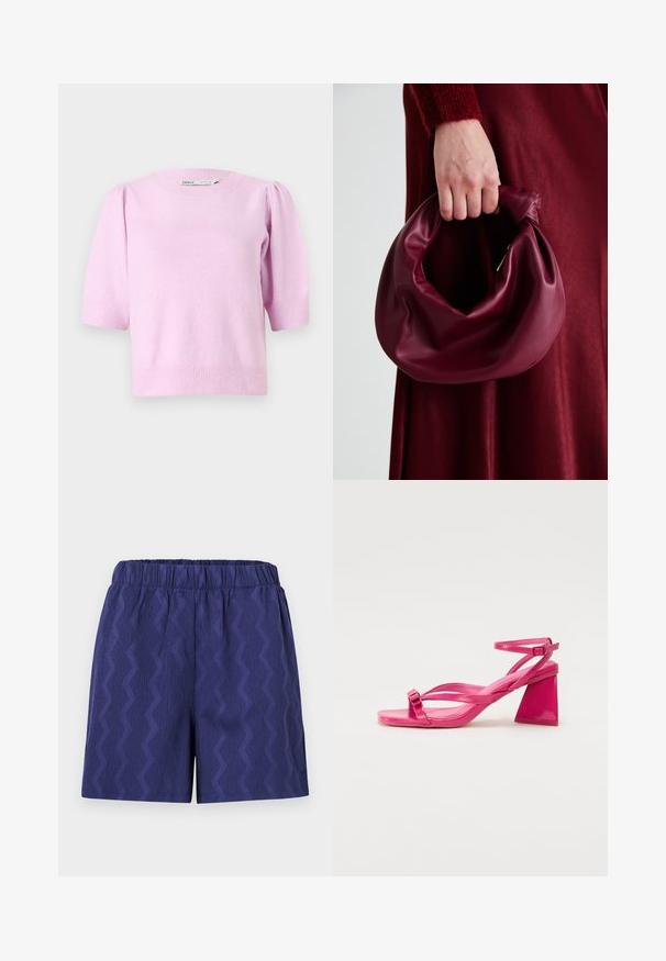 Pulover roz cu mânecă scurtă, având un decolteu rotund, man'sete ribate și o textură moale, cu detalii ușor umflate la umeri.; Pantaloni scurți bleu marin cu un model texturat în zigzag, având un brâu elastic pentru confort și o croială lejeră. Disponibili dintr-un material ușor.; Sandale cu toc din piele patent roz, cu vârf pătrat, curele înguste și toc geometric în formă de bloc. Prezintă un detaliu cu cataramă pe curea.; Geantă de mână din piele burgundă, cu un design moale și pliat și o formă rotundă. Mânerele sunt securizate, evidențiind o textură netedă.