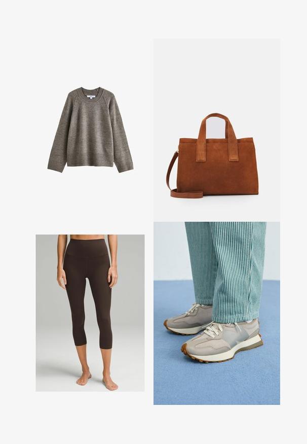 Brauner Strickpullover mit Rundhalsausschnitt, gerippten Bündchen und Saum. Hat eine lockere Passform und eine strukturierte Stoffqualität. Etikett im Kragen sichtbar.; lululemon ALIGN™ HIGH-RISE 53 CM - Tights - espresso; Graue Sneakers mit Wildleder- und Mesh-Einsätzen, weißen Schnürsenkeln und einer strukturierten Sohle. Getragen mit türkisfarbenen gestreiften Hosen. Blau strukturierter Hintergrund.; Braune Wildleder-Handtasche mit zwei Obergriffen und einem verstellbaren Schultergurt. Sie zeichnet sich durch ihre strukturierte Form und ein minimalistisches Design aus.