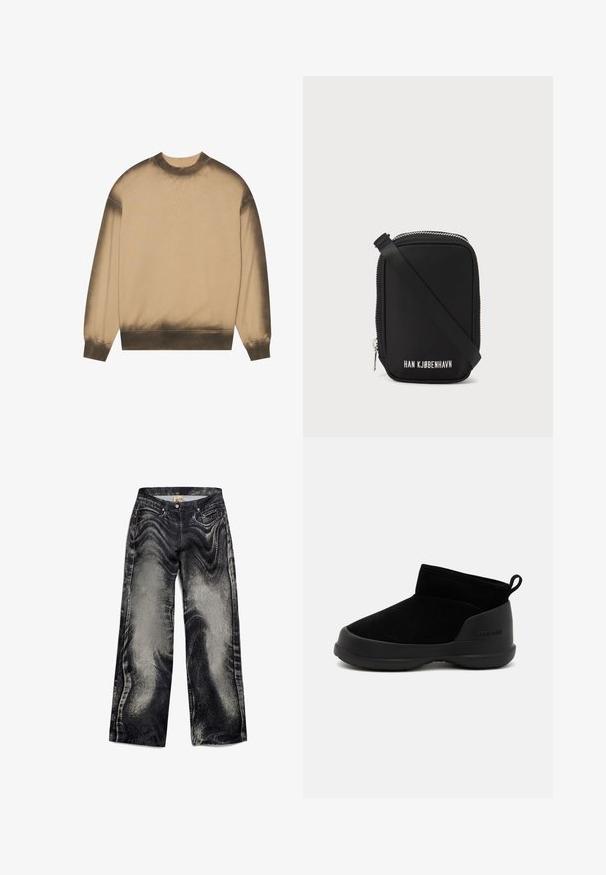 Beige Sweatshirt mit einem Farbverlauf, der zum Saum hin dunkler wird, langen Ärmeln, gerippten Bündchen und Kragen, glatter Stoffstruktur.; Schwarze Denim-Breitbeinhosen mit einem strukturierten, verblassten Muster, ausgestattet mit fünf Taschen und einem Knopfverschluss. Glattes Material mit einem leicht glänzenden Finish.; Schwarze Knöchelstiefel mit einem glatten Wildleder-Obermaterial und Gummisohle, die ein minimalistisches Design aufweisen und eine Zuglasche an der Rückseite für ein einfaches Anziehen haben.; Schwarze Tasche mit rechteckiger Form, aus glattem Material. Verfügt über einen oberen Reißverschluss, einen verstellbaren Riemen und weißen Text: "HAN KJØBENHAVN."