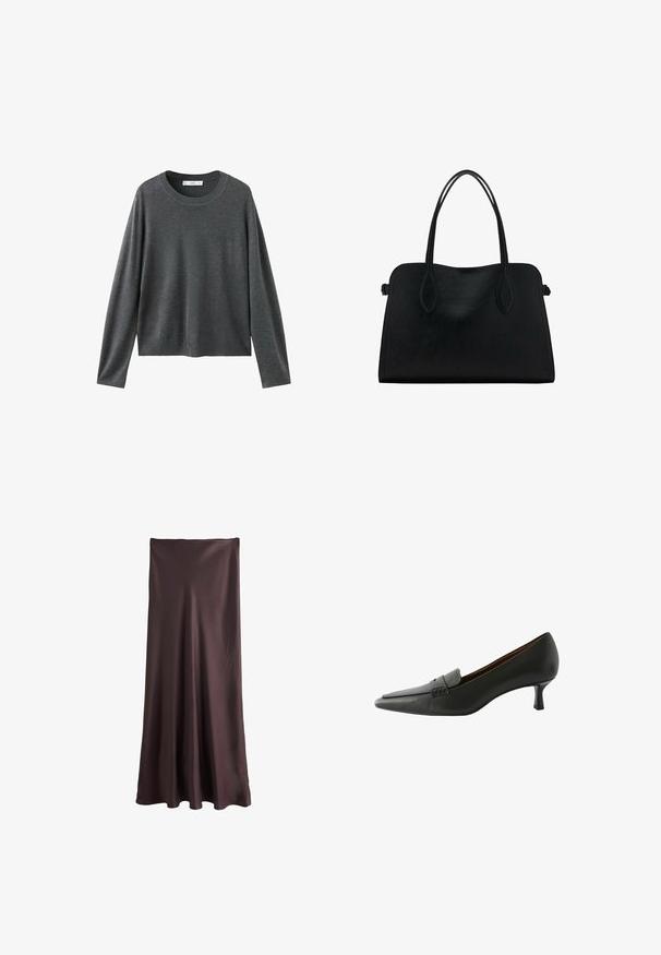 Grauer Strickpullover mit langen Ärmeln, rundem Ausschnitt und lockerem Schnitt. Hergestellt aus weichem Stoff mit glatter Textur und ohne sichtbare Muster.; Brauner, bodenlanger Rock aus glattem, leichtem Stoff. Hat ein schlichtes, fließendes Design ohne sichtbare Muster oder Akzente.; Schwarzer Lederschuh mit Absatz, spitz zulaufend und dekorativem Riemen. Er verfügt über einen niedrigen Stilettoabsatz und eine glatte Oberfläche.; Schwarze Lederhandtasche mit zwei Schulterriemen, rechteckiger Form und minimalistischem Design auf weißem Hintergrund.