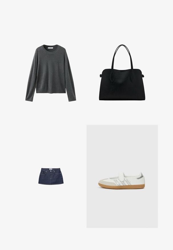 Sivi pleteni pulover s dugim rukavima, okruglim izrezom i opuštenim krojem. Izrađen od mekanog materijala s glatkom teksturom i bez vidljivih uzoraka.; Denim mini suknja tamnoplave boje s uskim pojasom, prednjim džepovima i metalnim kopčanjem. Glatka tekstura i klasičan kroj.; Bijela tenisica sa srebrnim prugama, vrhom od brušene kože i remenom na čičak. Noga gumeni potplat s teksturom. Minimalistički dizajn s glatkim završetkom.; Crna kožna torba s dvostrukim naramenicama, pravokutnog oblika i minimalističkim dizajnom na bijeloj pozadini.
