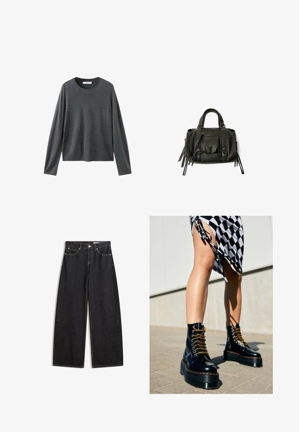 Grå stickad tröja med långa ärmar, rund halsringning och avslappnad passform. Tillverkad av mjukt tyg med en slät textur och utan synliga mönster.; Svarta jeans med breda ben och hög midja, fem fickor, kontrasterande sömnad och knappstängning. Slät textur med en klassisk skärning.; Svarta läderplattformstövlar med kraftiga sulor, gyllene snörning och orangea sömmar, tillsammans med en rutmönstrad kjol som har en sida slits.; Svart läderhandväska med flätade handtag, dragkedjefack och hängande pom poms. Texturerad yta med metallnitar och hårdvaruaccenter.