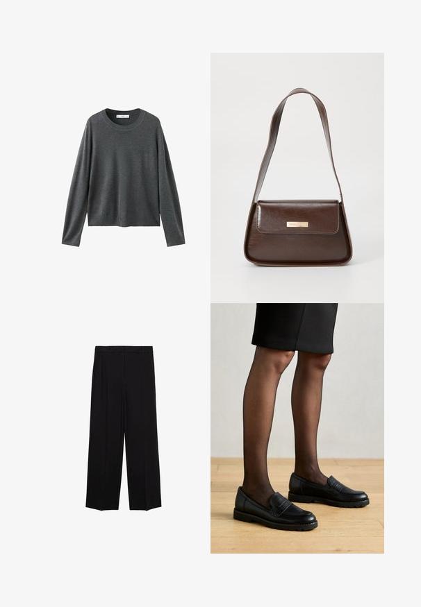 Grå strikket sweater med lange ærmer, rund halsudskæring og en afslappet pasform. Fremstillet af blødt stof med en glat tekstur og ingen synlige mønstre.; Sorte brede bukser med en glat stof, der har folder foran og sidelommer, designet med en lige, afslappet pasform.; Sorte læder loafers med en struktureret panel, gummisål og rund tå, iført med gennemsigtige sorte strømpebukser og en tætsiddende nederdel.; Brun læder skuldertaske med en struktureret form, der har en magnetisk klaplukning og en metallisk logoaccents på forsiden.